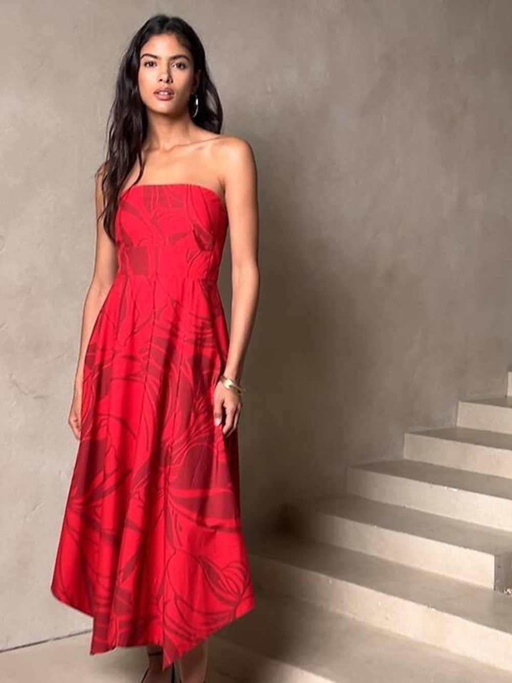 Banana Republic Strapless, Asymmetrical Hem Midi Dress Red Onyx NWT Size 4